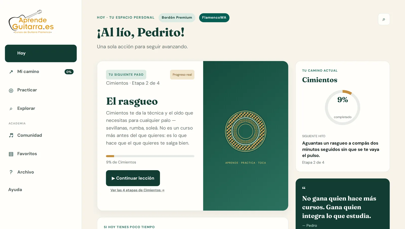 La pantalla Hoy del área de alumno: siguiente lección, camino y progreso real