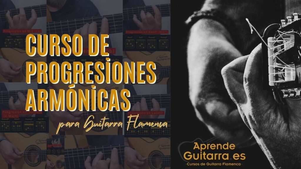 Portada del curso de progresiones armónicas en guitarra flamenca de AprendeGuitarra.es.