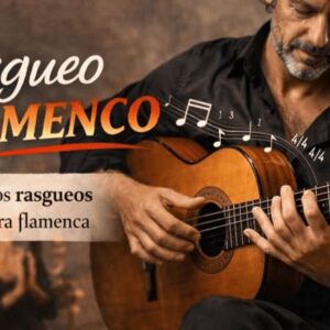 Hombre tocando guitarra flamenca, fondo musical. Rasgueos flamencos.